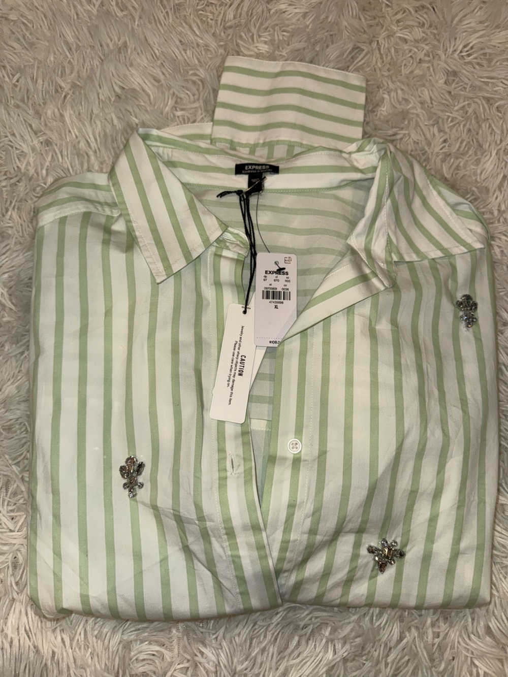 Express Light Green & White Striped Button-Down Shirt with Crystal Accents